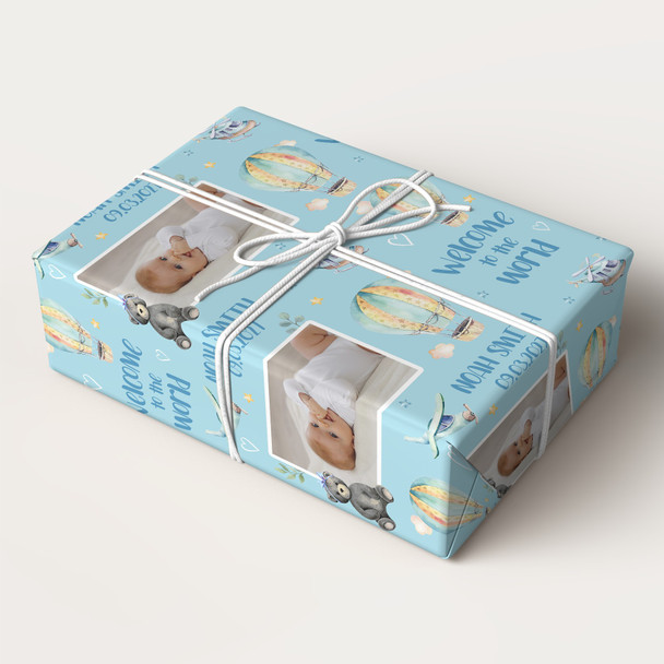 Personalised Wrapping Paper New Baby Boy Photo Blue Hot Air Balloon Gift Wrap