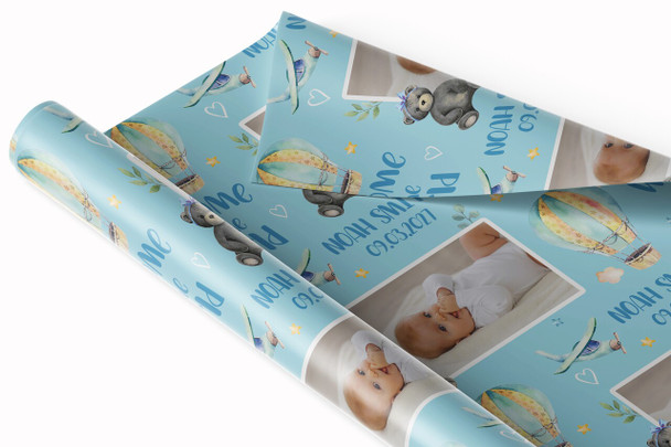 Personalised Wrapping Paper New Baby Boy Photo Blue Hot Air Balloon Gift Wrap
