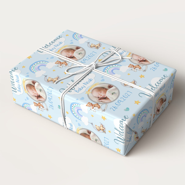Personalised Wrapping Paper New Baby Boy Photo Blue Welcome Teddy Bear Gift Wrap