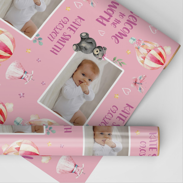 Personalised Wrapping Paper New Baby Girl Photo Hot Air Balloon Custom Gift Wrap