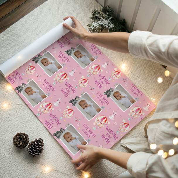 Personalised Wrapping Paper New Baby Girl Photo Hot Air Balloon Custom Gift Wrap