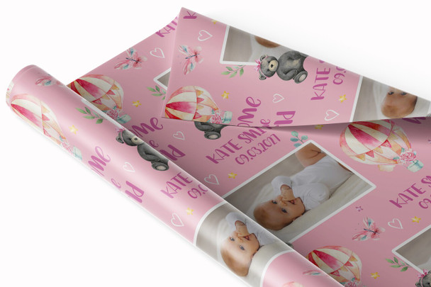 Personalised Wrapping Paper New Baby Girl Photo Hot Air Balloon Custom Gift Wrap
