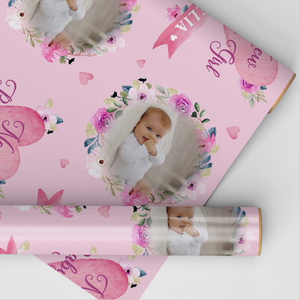 Personalised Wrapping Paper New Baby Girl Photo Pink Flowers Banner Gift Wrap