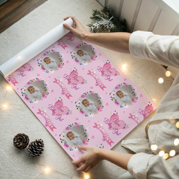 Personalised Wrapping Paper New Baby Girl Photo Pink Flowers Banner Gift Wrap