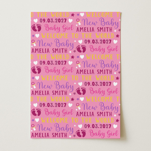Personalised Wrapping Paper New Baby Girl Pink Footprints Custom Gift Wrap