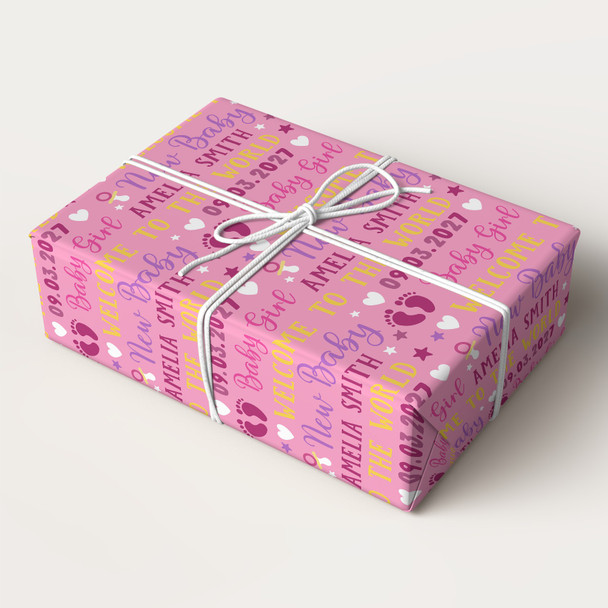 Personalised Wrapping Paper New Baby Girl Pink Footprints Custom Gift Wrap