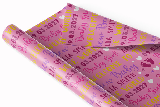 Personalised Wrapping Paper New Baby Girl Pink Footprints Custom Gift Wrap