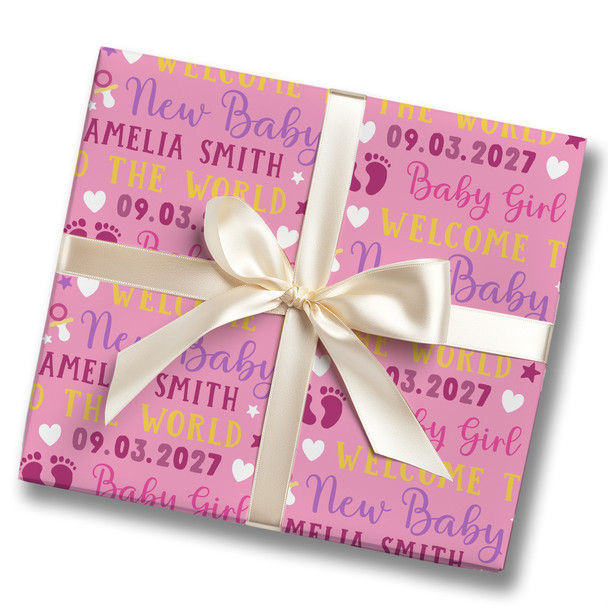 Personalised Wrapping Paper New Baby Girl Pink Footprints Custom Gift Wrap
