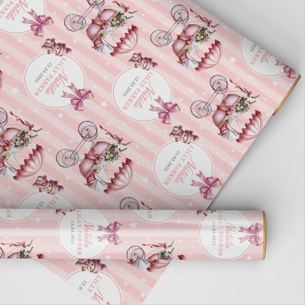 Personalised Wrapping Paper New Baby Pink Baby Gilr Pram Custom Gift Wrap