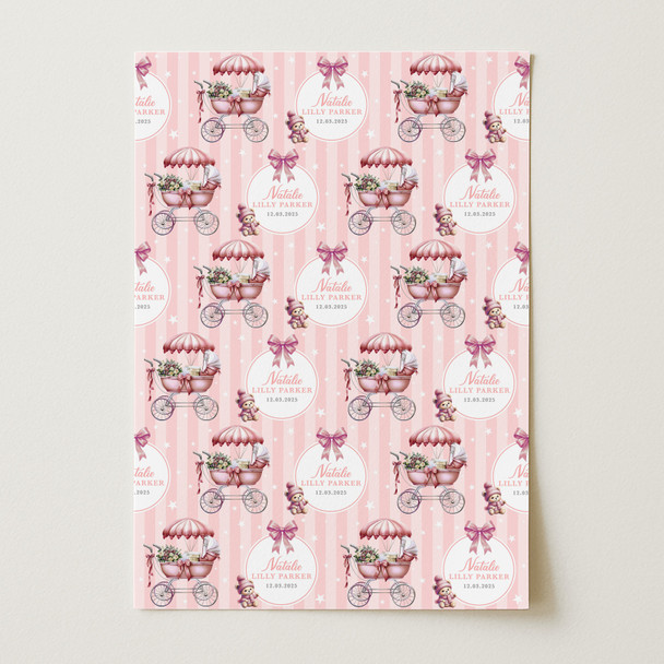 Personalised Wrapping Paper New Baby Pink Baby Gilr Pram Custom Gift Wrap
