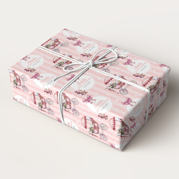 Personalised Wrapping Paper New Baby Pink Baby Gilr Pram Custom Gift Wrap