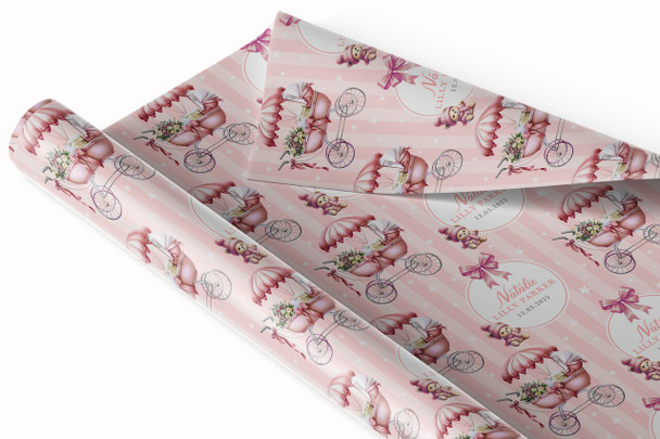Personalised Wrapping Paper New Baby Pink Baby Gilr Pram Custom Gift Wrap