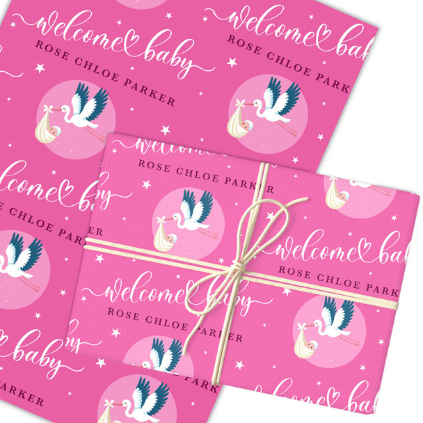 Personalised Wrapping Paper New Baby Pink Baby Girl Stork Custom Gift Wrap
