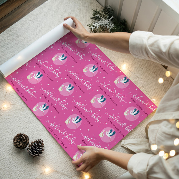 Personalised Wrapping Paper New Baby Pink Baby Girl Stork Custom Gift Wrap