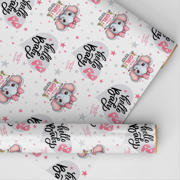 Personalised Wrapping Paper New Baby Pink Elephant Baby Girl Hello Gift Wrap