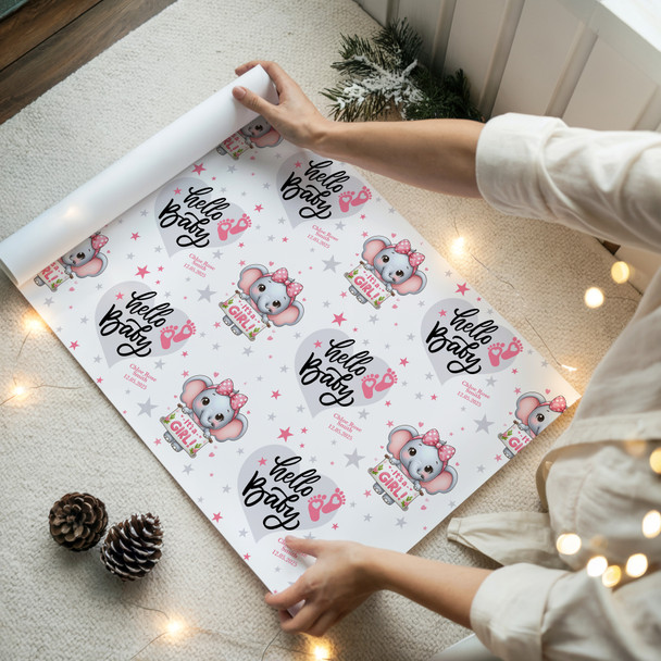 Personalised Wrapping Paper New Baby Pink Elephant Hello Baby Girl Gift Wrap