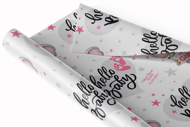 Personalised Wrapping Paper New Baby Pink Elephant Hello Baby Girl Gift Wrap
