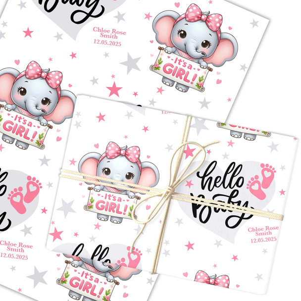 Personalised Wrapping Paper New Baby Pink Girl Elephant Hello Baby Gift Wrap