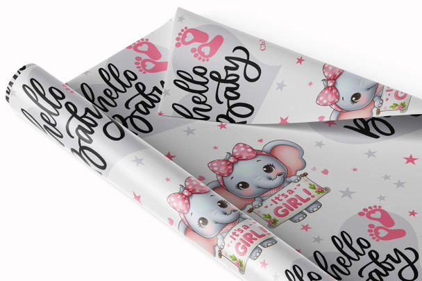Personalised Wrapping Paper New Baby Pink Girl Elephant Hello Baby Gift Wrap