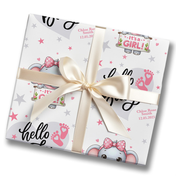 Personalised Wrapping Paper New Baby Pink Girl Elephant Hello Baby Gift Wrap