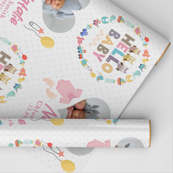 Personalised Wrapping Paper New Baby Pink Hello Baby Girl Heart Photo Feet