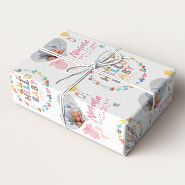 Personalised Wrapping Paper New Baby Pink Hello Baby Girl Heart Photo Feet