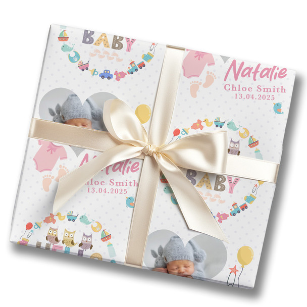 Personalised Wrapping Paper New Baby Pink Hello Baby Girl Heart Photo Feet