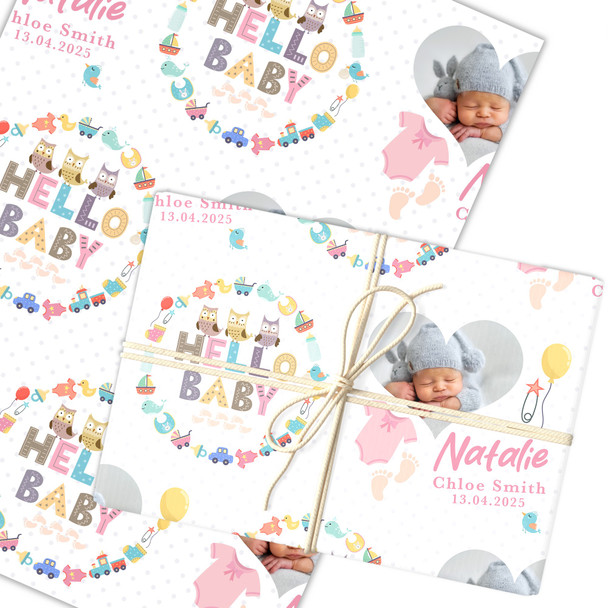Personalised Wrapping Paper New Baby Pink Hello Baby Girl Heart Photo Gift Wrap