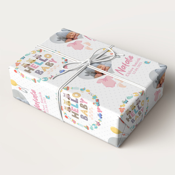 Personalised Wrapping Paper New Baby Pink Hello Baby Girl Heart Photo Gift Wrap