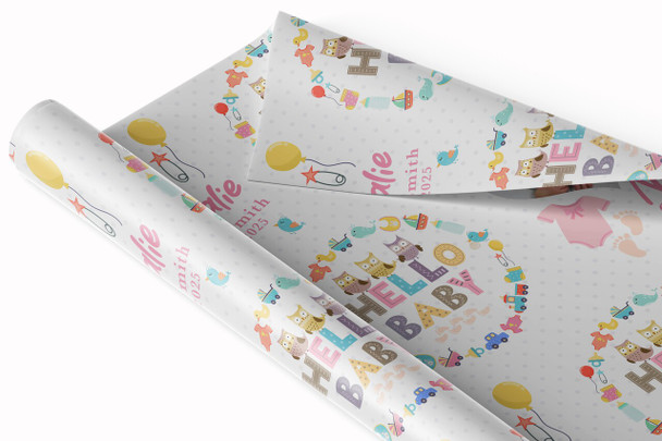 Personalised Wrapping Paper New Baby Pink Hello Baby Girl Heart Photo Gift Wrap