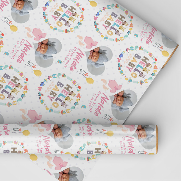 Personalised Wrapping Paper New Baby Pink Hello Heart Photo Baby Girl Gift Wrap