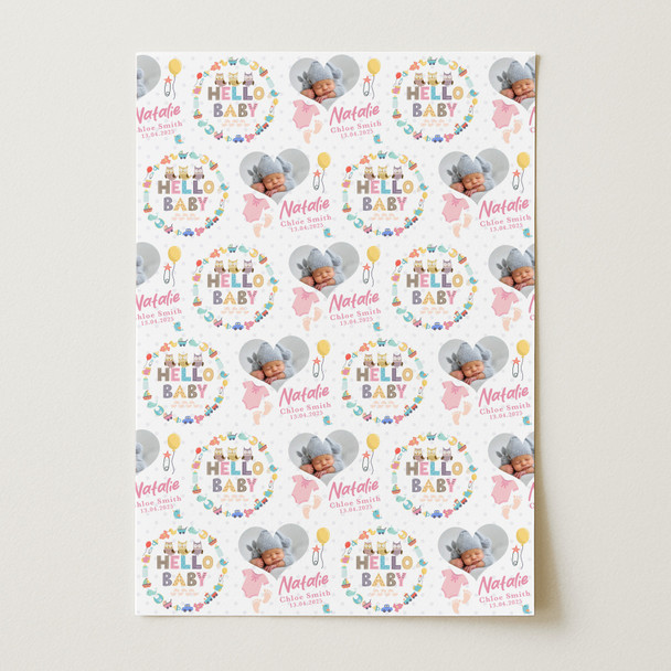 Personalised Wrapping Paper New Baby Pink Hello Heart Photo Baby Girl Gift Wrap