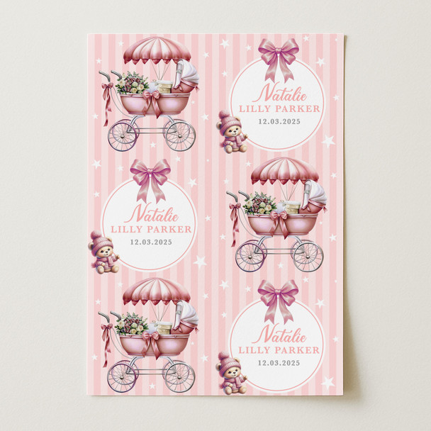 Personalised Wrapping Paper New Baby Pink Retro Baby Gilr Pram Custom Gift Wrap