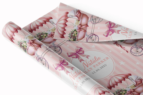 Personalised Wrapping Paper New Baby Pink Retro Baby Gilr Pram Custom Gift Wrap