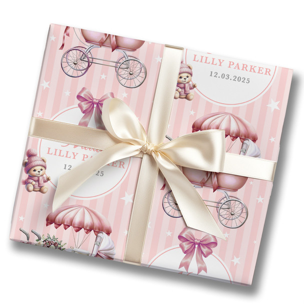 Personalised Wrapping Paper New Baby Pink Retro Baby Gilr Pram Custom Gift Wrap