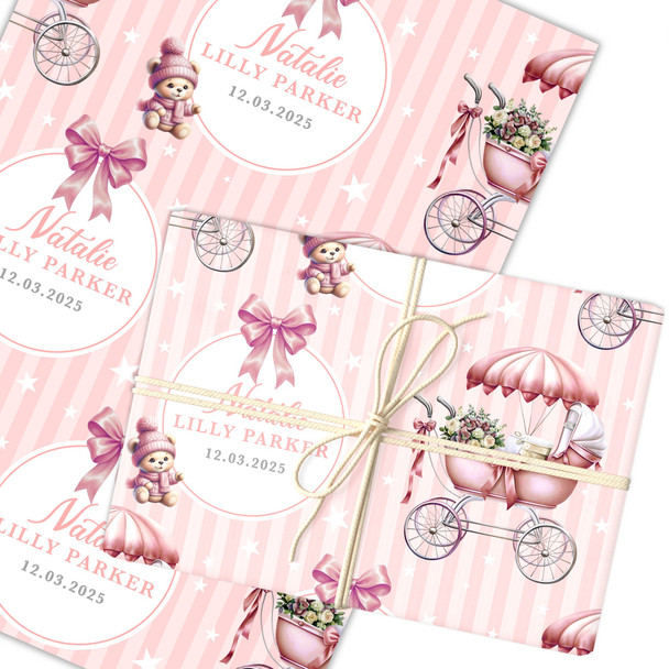Personalised Wrapping Paper New Baby Pink Retro Baby Girl Custom Gift Wrap
