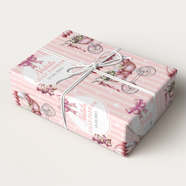 Personalised Wrapping Paper New Baby Pink Retro Baby Girl Custom Gift Wrap