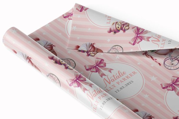 Personalised Wrapping Paper New Baby Pink Retro Baby Girl Custom Gift Wrap