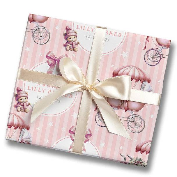 Personalised Wrapping Paper New Baby Pink Retro Baby Girl Custom Gift Wrap