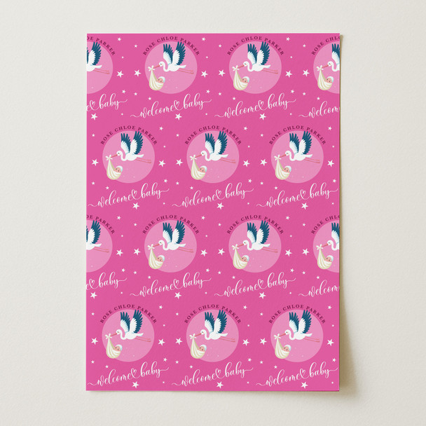 Personalised Wrapping Paper New Baby Stork Pink Baby Girl Custom Gift Wrap