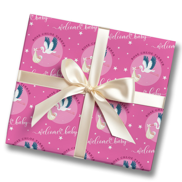 Personalised Wrapping Paper New Baby Stork Pink Baby Girl Custom Gift Wrap
