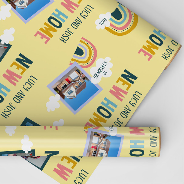 Personalised Wrapping Paper New Home Photo Rainbow Cloud Yellow Custom Gift Wrap