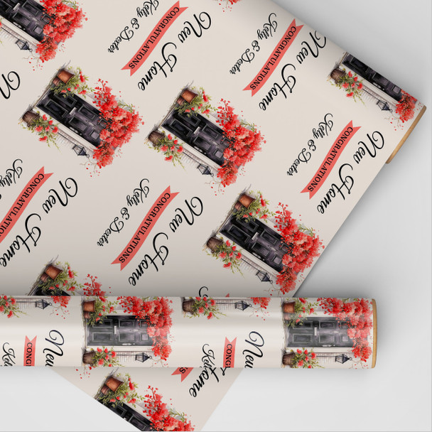 Personalised Wrapping Paper New Home Red Floral Black Front Door Gift Wrap