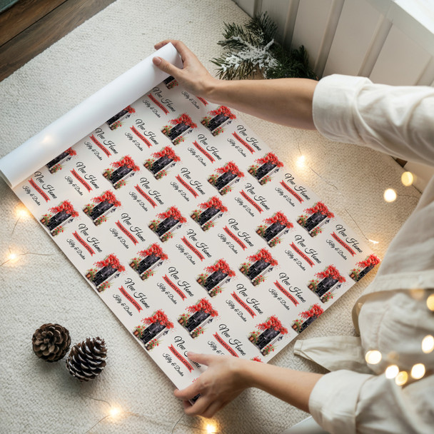 Personalised Wrapping Paper New Home Red Floral Black Front Door Gift Wrap