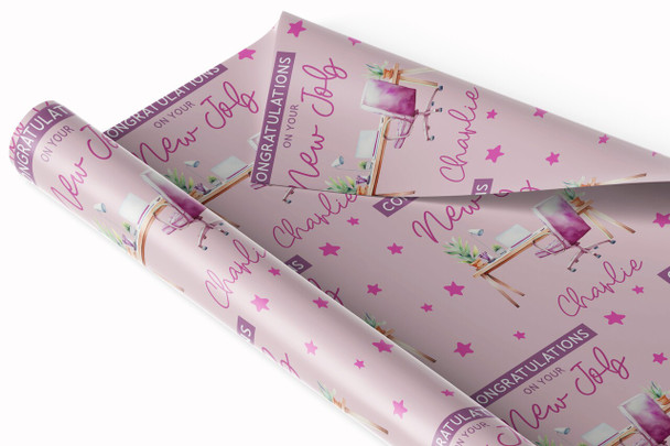 Personalised Wrapping Paper New Job Congratulations Female Pink Desk Office Job