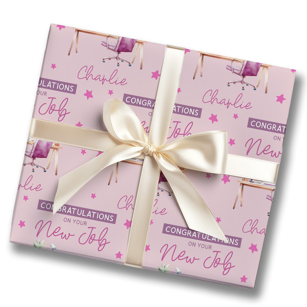 Personalised Wrapping Paper New Job Congratulations Female Pink Desk Office Job