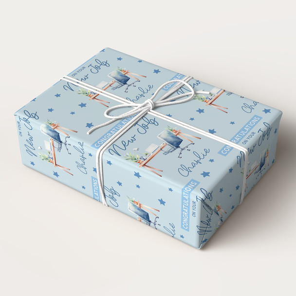 Personalised Wrapping Paper New Job Congratulations Male Blue Desk Office Job