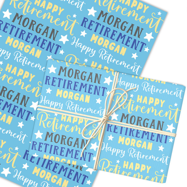 Personalised Wrapping Paper Retirement Blue Yellow Stars Custom Gift Wrap
