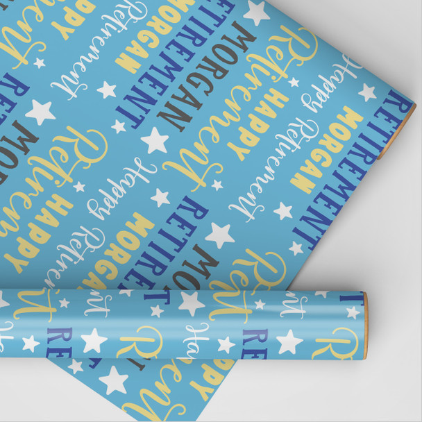Personalised Wrapping Paper Retirement Blue Yellow Stars Custom Gift Wrap