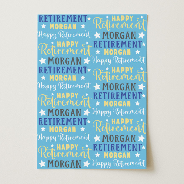 Personalised Wrapping Paper Retirement Blue Yellow Stars Custom Gift Wrap